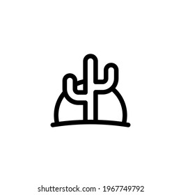 Desert landscape, sand and cactus, simple icon. Black linear icon with editable stroke on white background