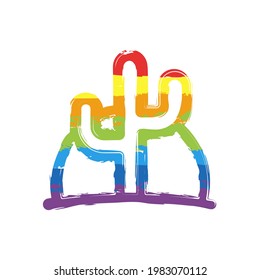 Desert landscape, sand and cactus, simple icon. Drawing sign with LGBT style, seven colors of rainbow (red, orange, yellow, green, blue, indigo, violet