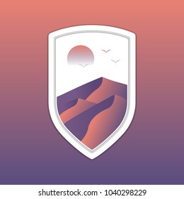 Desert landscape sand dune inside white shield emblem badge logo template