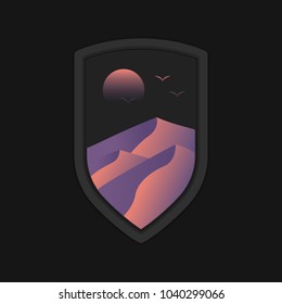 Desert landscape sand dune inside black shield frame emblem badge logo template