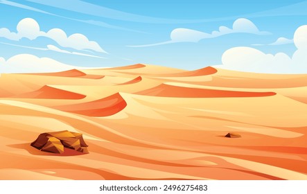 Desert landscape with sand dunes and blue sky. Nature background vector cartoon illustration