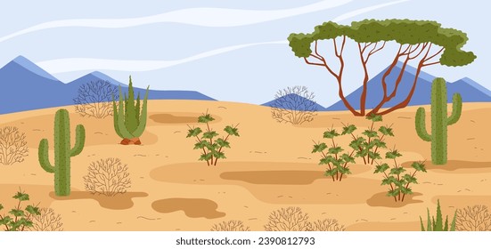 Desert landscape with sand dunes and cacti. Desert Mexican nature background, panoramic view layout or scenery for games design, flat vector illustration.