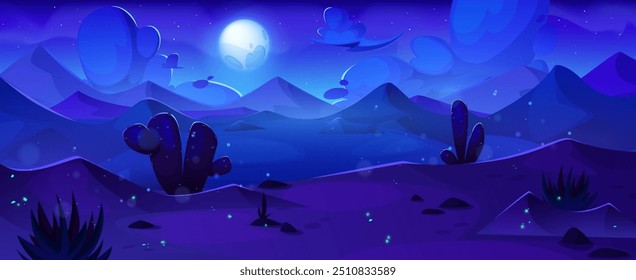 Desert landscape with sand dunes, cactus and grass at night under moon light. Cartoon vector Arabian background with drought sandy hills at twilight. Dark midnight African wilderness panorama.