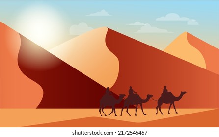 Desert landscape with sand dunes, camel caravan.Flat landscape design.Desert African or Mexican background.Vector illustration for landing page,banner,poster,magazine.