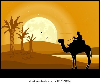 Desert landscape. Sand dunes, camel rider, palm trees and moon rise