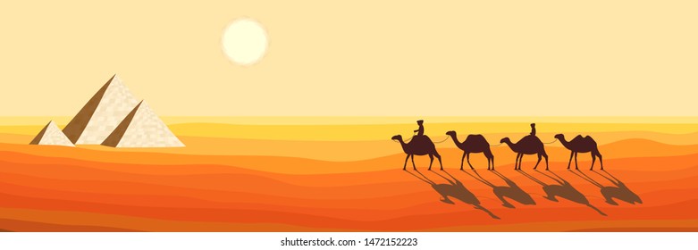 Desert Landscape with Sand Dunes. Caravan of Camels Goes to Symbol of Egyptian Pyramids. Silhouette Design in a Flat Style. Vector Illustration