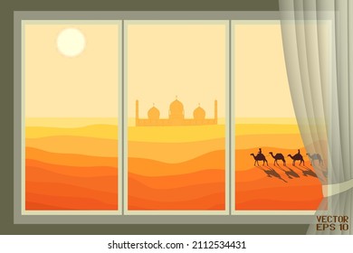 Desert Landscape with Sand Dunes. Caravan of Camels Goes to Paradise Oasis. Window with Yellow Curtain and Mosque View. Vector. 3D Illustration