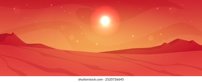 Paisaje desértico con dunas de arena. Noche de dibujos animados cielo rojo estrellado con luz de luna llena bajo colinas arenosas. Ilustración plana de Vector. Fondo seco caliente de la naturaleza africana desierta. Sequía, naturaleza salvaje