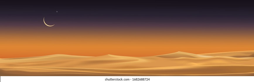 Desert landscape with sand dunes with crescent moon and star at dark night for banner background in ramadan,vector Minimalist panoramic realistic of nature sand with the moon.Eid Al-Adha,Eid Al-fitr