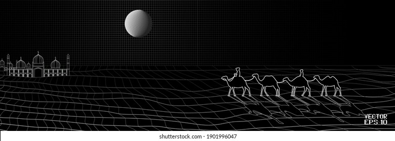 Desert Landscape with Sand Dunes in Cyberspace. Caravan of Camels Goes to Paradise Oasis at Night. Black and White Mesh Scenery Isolated on Black Background. Vector. 3D Illustration