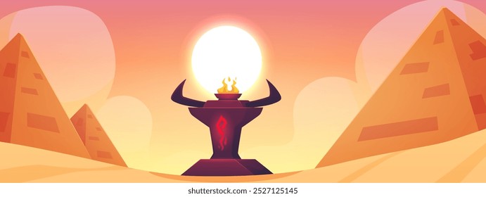 Desert landscape with sand dunes, Egyptian pyramids and stone tribal totem with horns and flame. Cartoon sunset light under ancient altar. Vector hot dry African nature game background