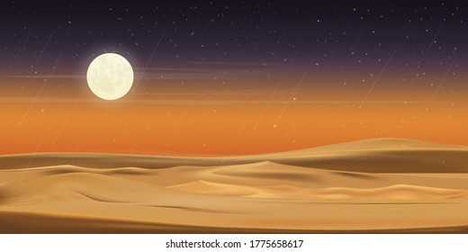 Desert landscape with sand dunes, full moon and shining stars and comet falling over sand dunes in dark night,vector illusion Minimalist panoramic realistic cartoon of nature, sand with the moon. 