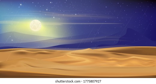 Desert landscape with sand dunes, full moon and shining stars and comet falling over sand dunes at dark night for banner or background in Ramadan, vector illustration 