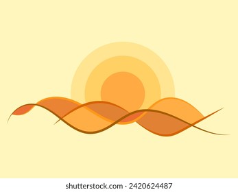 Paisaje del desierto con dunas de arena en estilo de arte lineal. Amanecer sobre el desierto en un estilo minimalista. Un paisaje ondulado con dunas y sol. Diseño para carteles, afiches y fondos de pantalla. Ilustración del vector