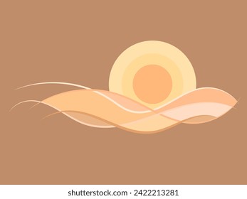 Desert landscape with sand dunes in line art style. Sunrise over the desert in minimalist style. Wavy landscape with dunes and sun. Design for banners, posters and wallpapers. Vector illustration