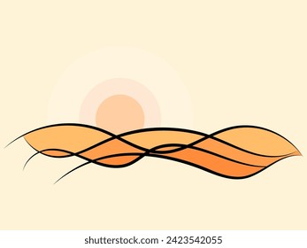 Desert landscape with sand dunes in line art style. Sunrise over the desert in minimalist style. Wavy landscape with dunes and sun. Design for banners, posters and wallpapers. Vector illustration