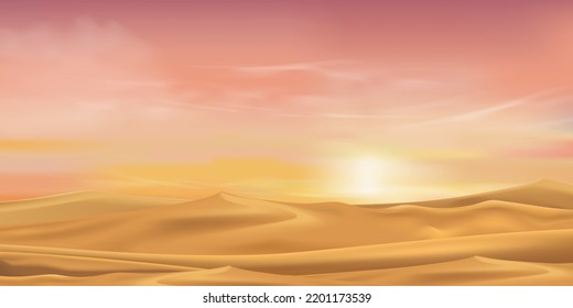 Paisaje del desierto dunas de arena con amanecer matutino en naranja, amarillo, cielo rosado, dibujo vectorial seco caliente desierto con crepúsculo atardecer por la noche, fondo natural con colinas arenosas escena paralela en otoño