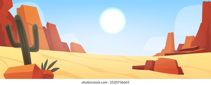 Desert landscape with sand dunes, mountains and cactus plant. Cartoon blue sky, sun light under sandy hills. Vector flat illustration hot dry African nature background. Wild West wilderness view