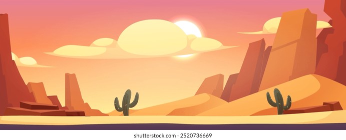 Desert landscape with sand dunes, mountains and cactus plant. Cartoon sun and clouds under sandy hills. Vector flat illustration hot dry African nature background. Wilderness view from the road