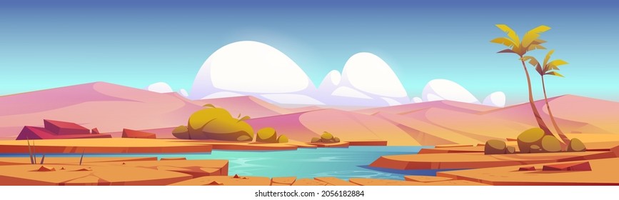 Desert landscape with sand dunes and oasis with lake or pond and palm trees. Vector cartoon illustration of hot tropical desert with river, dry cracked ground and green bushes on shore