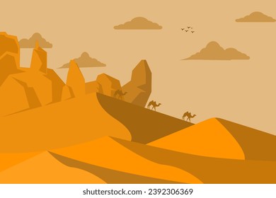 Desert landscape with sand dunes and rocks under the sky. Dry and hot nature background with parallax view of yellow sandy hills, cartoon vector illustration.
