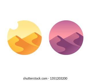 Desert landscape with sand dunes at sunrise and sunset. Simple scene during day and twilight. Vector illustration.