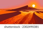 Desert landscape with sand dunes at sunset. Vector illustration.