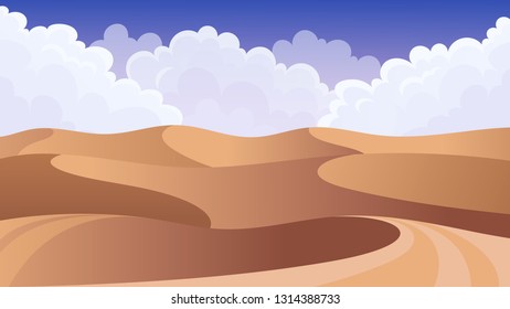 Desert landscape with sand dunes and white clouds in the evening sky. 