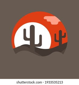 Desert landscape with sand hills and cactus at sunset. Flat style illustration with copy space. 