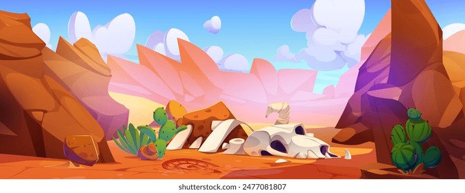 Desert landscape with sand and rock canyon, cactus and grass, animal skull and bones. Cartoon vector summer hot drought sandy scenery with stone cliff mountains, and vegetation. Wild western skyline.