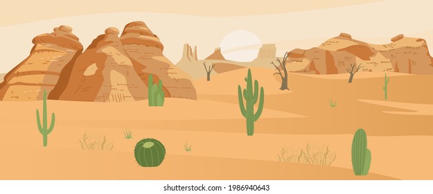 Paisaje Desierto Con С Y Rocas De Arena. Ilustración de vectores planos.