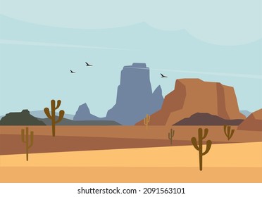 Desert landscape with sandstone illustration. Outdoor sandy hills and hot sky with flying vultures natural panorama landscape with cacti of beautiful arid yellow desert. Vector cartoon summer.