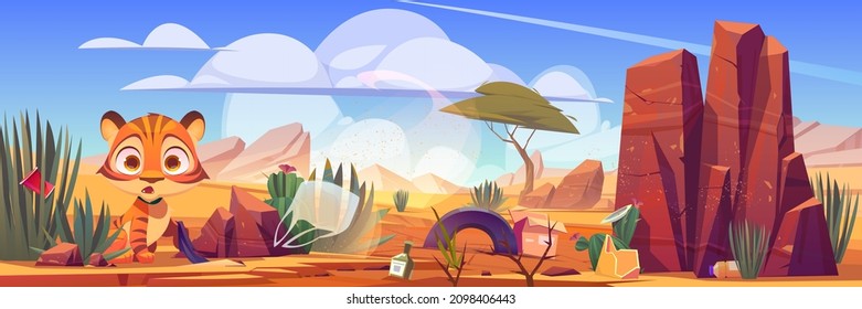 Desert landscape with scared tiger and trash. Concept of nature pollution by plastic garbage and waste. Vector cartoon illustration of sand desert with tiger, cactuses, stones, bags, cups and tires