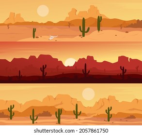 Desert landscape scene with cactuses at sunset set vector illustration. Cartoon mountain wild horizontal panorama nature scenery with dry plants, rock canyon and cacti, hot sun in sky background