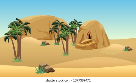 Desert landscape scene for cartoon or game background. Forgotten desert city in sandy rocks for game asset or level location. Sand dunes, mountains, palms. Vector illustration.