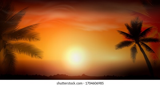 Desert landscape scene. Palm trees. Vector illustration