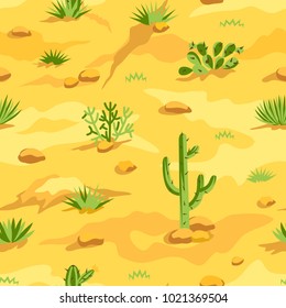 Desert landscape seamless pattern. Western cartoon background with cactuses, herbs, sand dunes and stones. Vector