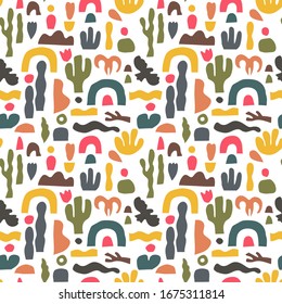 Desert landscape seamless vector pattern isolated on white. Contemporary art style. Paper cut imitation.