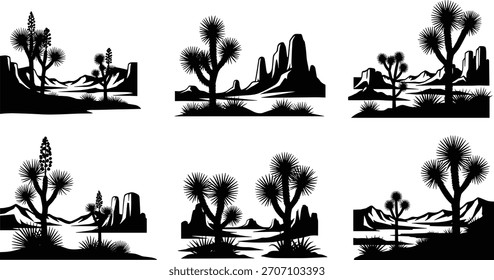 Desert landscape silhouette vector set, Joshua tree cactus yucca illustration, rocky mountain scenery, arid nature design elements, southwestern wilderness graphic collection