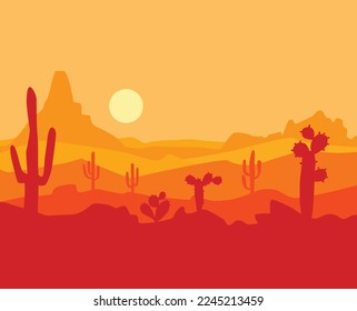 Desert landscape with silhouettes of cacti and mountains. Sunset over the mountains. Vector illustration.