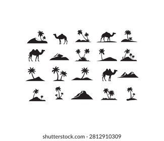 Desert Landscape Silhouettes Featuring Camels Palm Trees and Mountains on a White Background nature