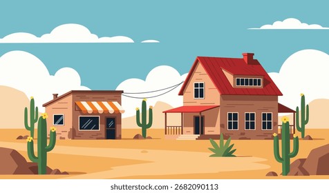 Desert landscape with a small store and a house in the distance.
