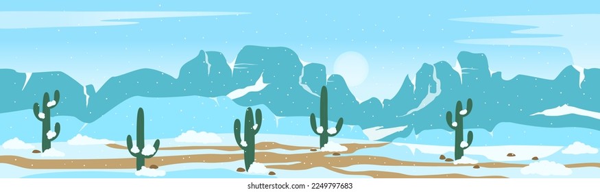 Desert landscape with snow on cactuses and rocks of wild West canyon vector illustration. Cartoon panorama scenery with cacti and snowflakes, mountain on horizon, extreme cold weather and disaster