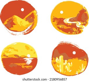 Desert landscape spot illustrations, a variety of warm scenery with mountains, lakes, rivers, cacti, and suns. Yellow and red, painterly brush stroke desert scenes.