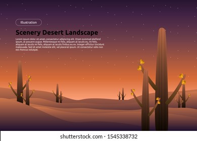 Desert landscape with starry night sky, cactus and evening sky background illustration