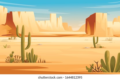 Desert landscape of stone desert with plants and rocks sunny day blue sky flat vector illustration horizontal design