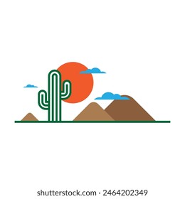 desert landscape with sun and cactus logo vector