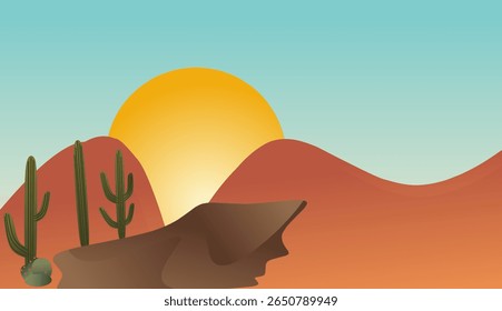 Paisaje desértico con sol y cactus. Ilustración vectorial.