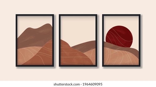 Desert landscape with sun in earth tones in boho style. Modern abstract triptych artwork for print, poster and art product.