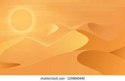 Desert landscape with a sun and sandy clouds in orange colors with gradients